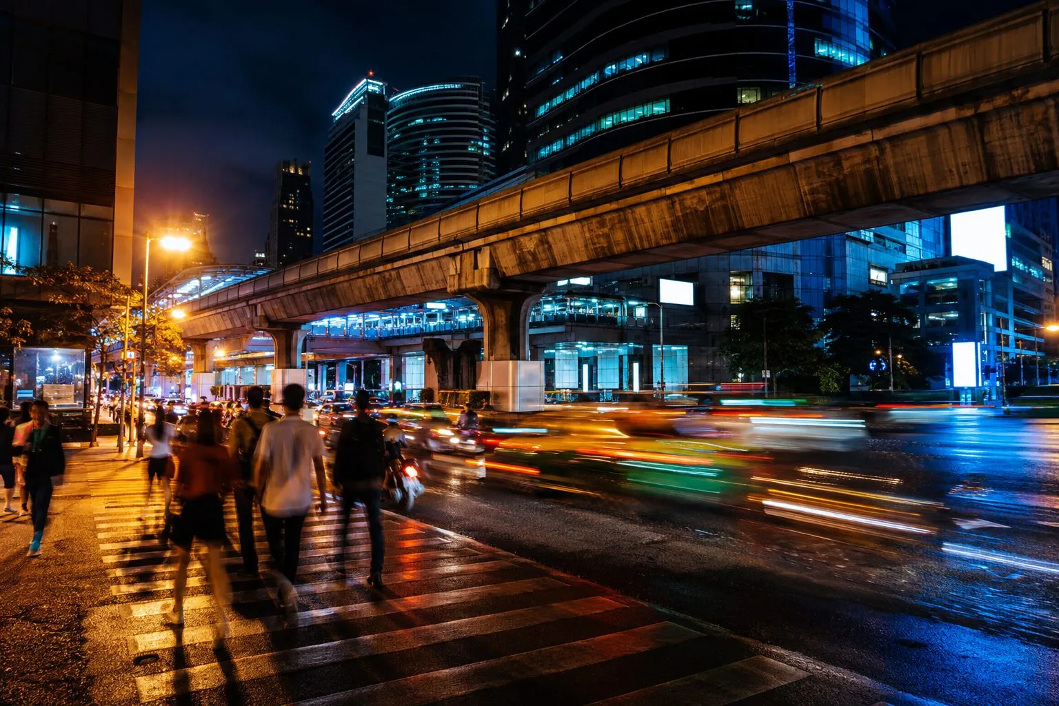 Sukhumvit nightlife at night — illustrative artwork, not a photograph of the area