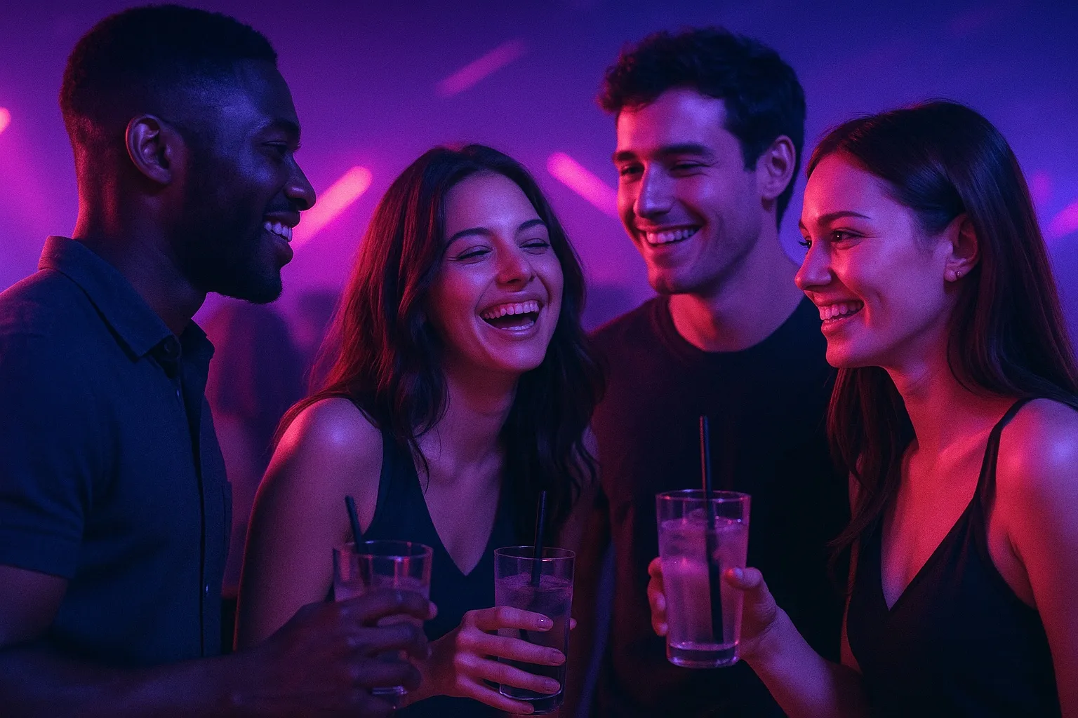 Group of friends in a relaxed lounge bar setting in RCA Bangkok
