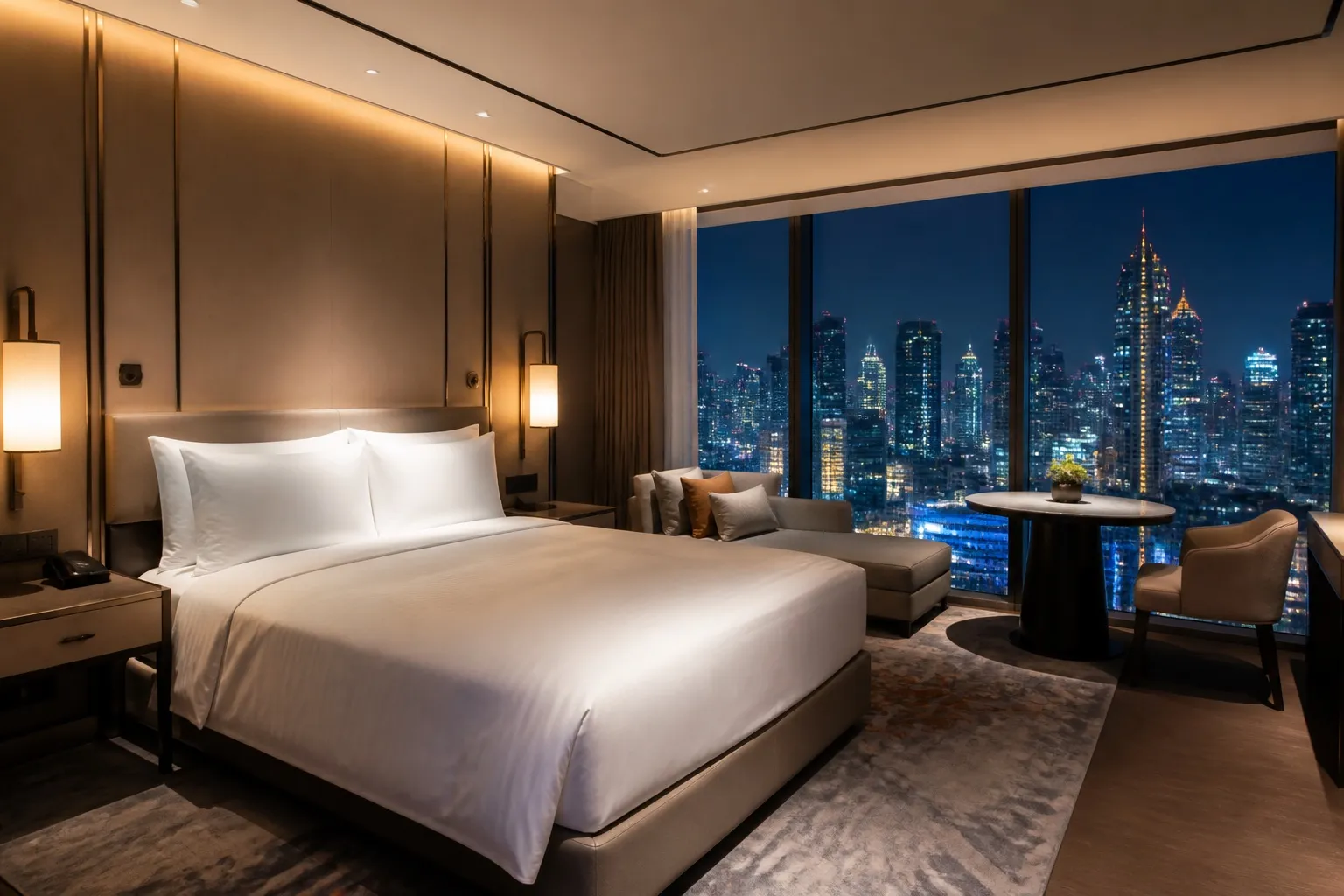 A Bangkok hotel room at night with the city skyline outside the window