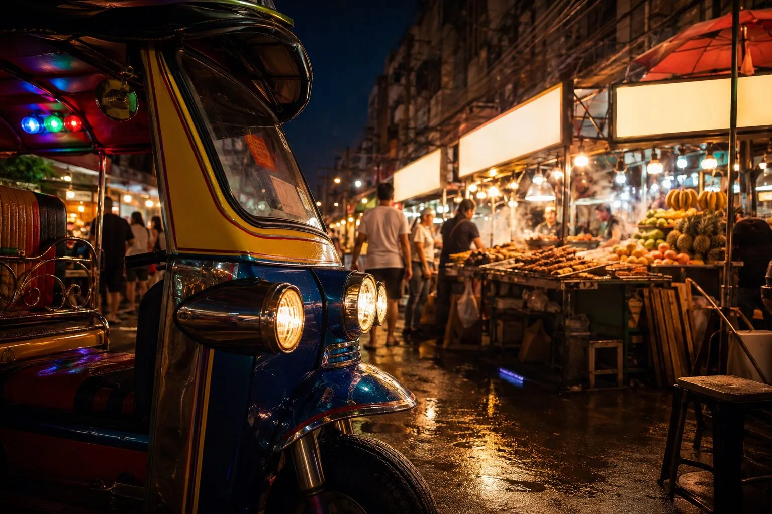 Yaowarat (Chinatown) nightlife at night — illustrative artwork, not a photograph of the area