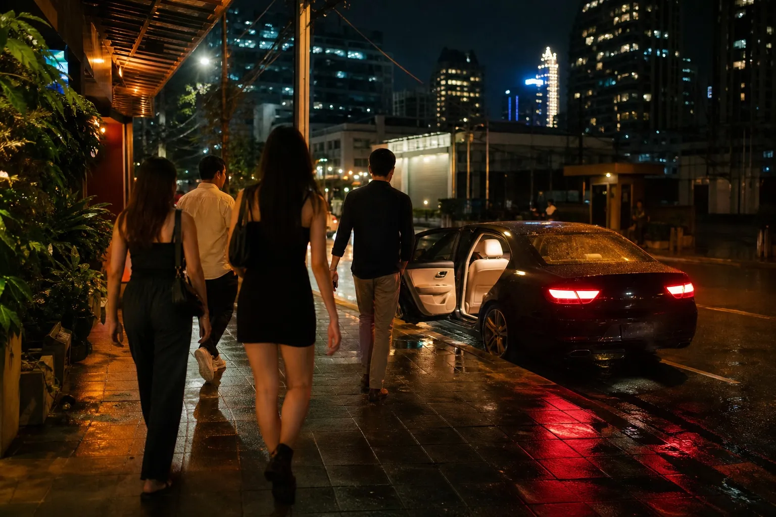 A group leaving RCA Bangkok at night and walking to a booked car
